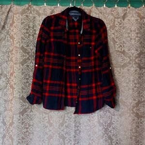 Tommy Hilfiger Navy Blue and Red Flannel Long Sleeve Button Top Size Medium